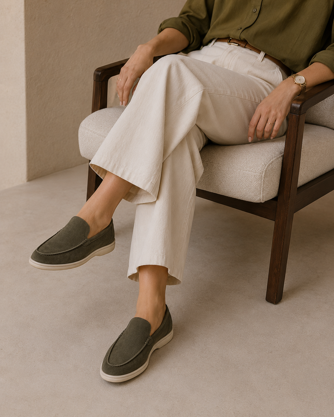 Lady Army Green Cowhide Slip-On Loafers – Positano Life